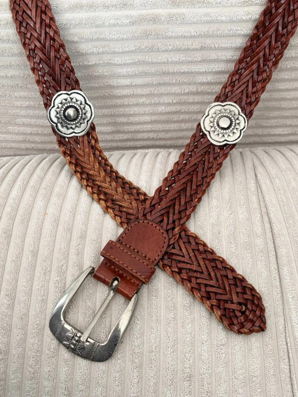 CAPEZIO Woven Leather Belt Flower Medallions Silver Buckle Western Boho  SZ M/L